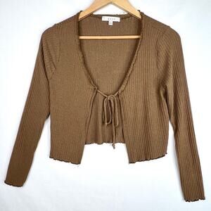 Gaze Brown Cropped Ribbed Tie Front Sweater Small